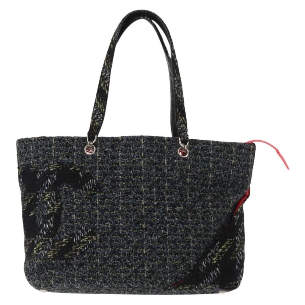 Chanel Tweed Cambon Line Tote Bag Navy Silver CC Blue